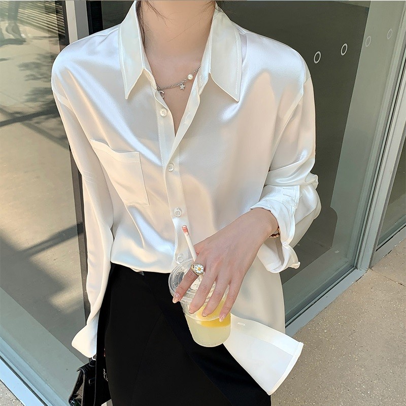 Camisa branca francesa feminina 2025 novo estilo início do outono high-end textura acetato camisa de cetim de alta quali