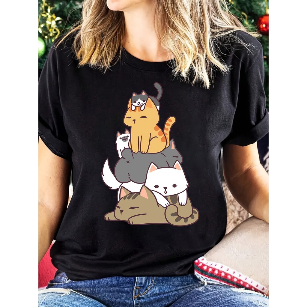 Linda Camiseta Feminina Gato Fofo Amante Presente Estampada Confortável Charmosa Divertida Moda Verão Premium 30.1 Algod