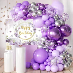 Kit 135 Balões Roxo Lilás Prata Metalizado Decoração Com Bexigas Para Festas Arco Desconstruído+Fita
