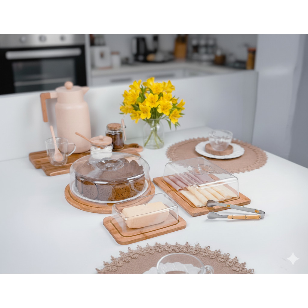 Kit Café da Manhã Bambu 3 Itens - Boleira | Porta Frios | Manteigueira Ideal Cantinho do Café e Mesa Posta