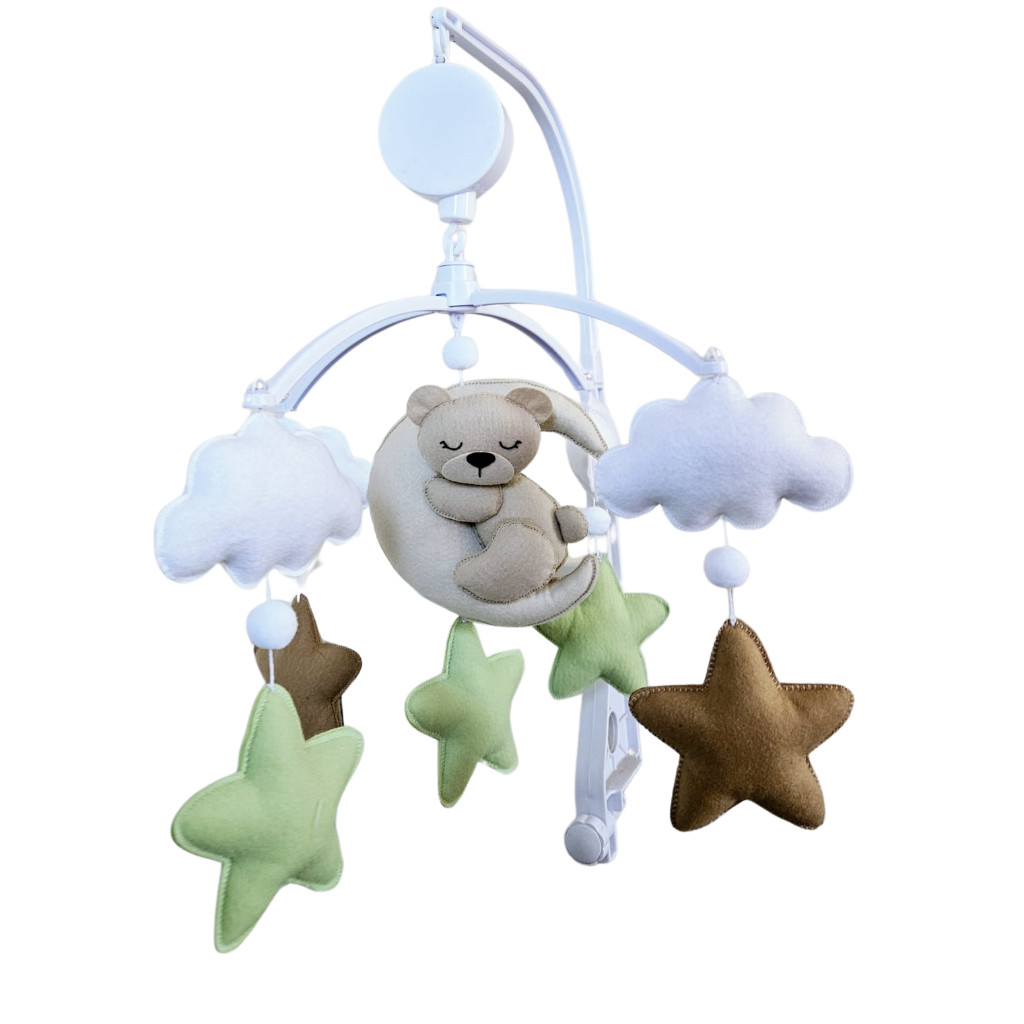 Móbile Musical Giratório Urso, Ursinho na Lua, Nuvens, Estrelas, Berço, Bebê, Menino, Quarto do Bebê, Decoração