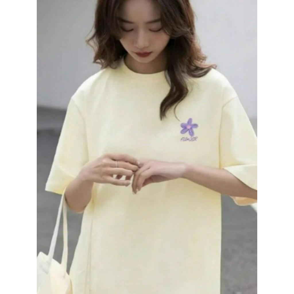 Camisa Feminina Blusa Camiseta Decote Redondo Confortável Verão Primavera Flower Lilas Camisa 100% Algodão