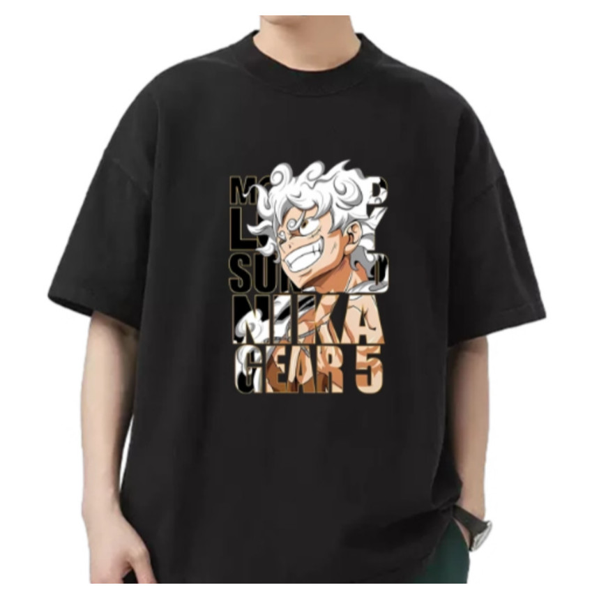 Camiseta Masculina Casual De Algodão Grande Com O Gear Fifth De Luffy De One Piece E Letras Decorativas