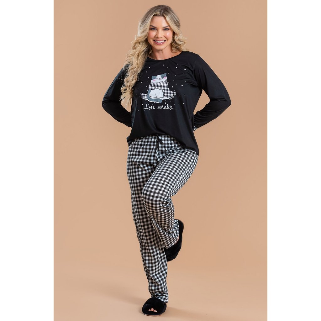 Pijama Longo Feminino Inverno Adulto Calça - Gatinho Xadrez em Oferta na Shopee