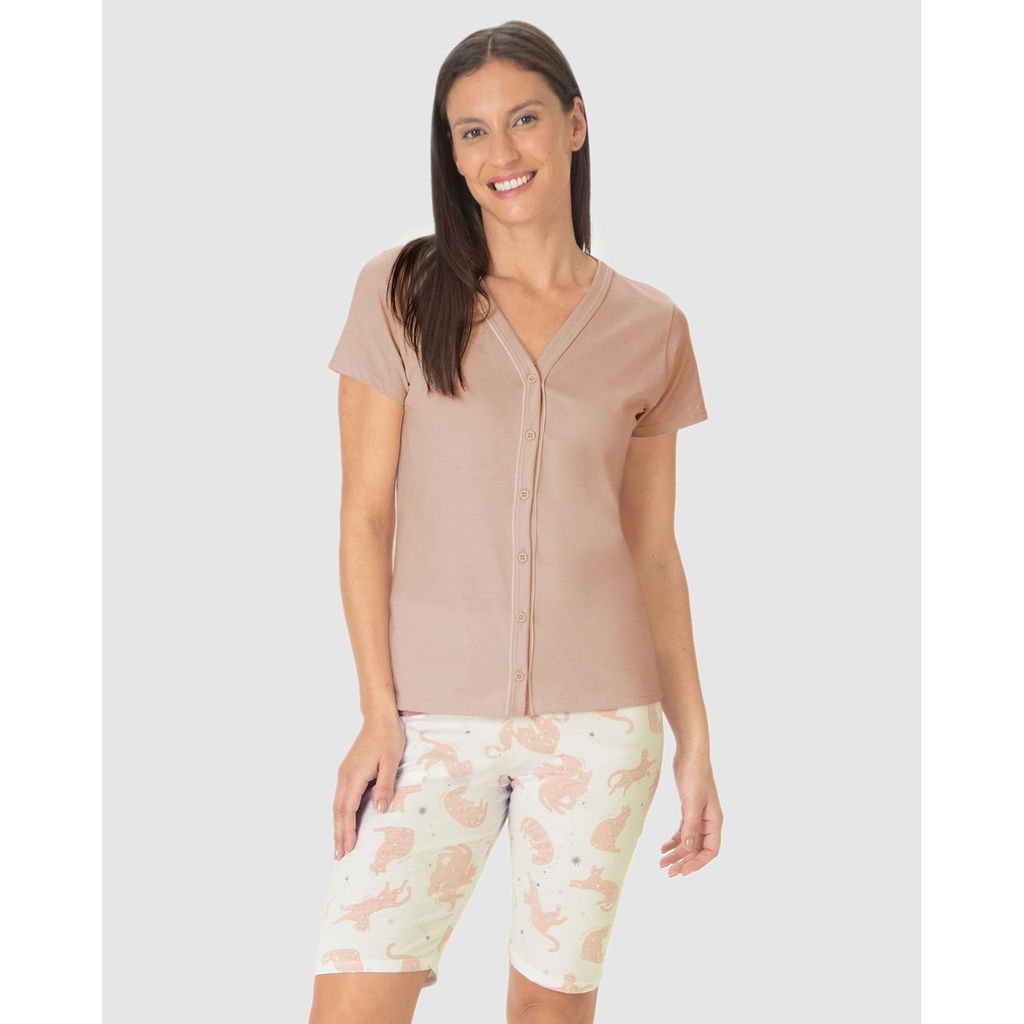 Pijama Curto Feminino Blusa Decote V Abotoamento Frontal Em Algodão