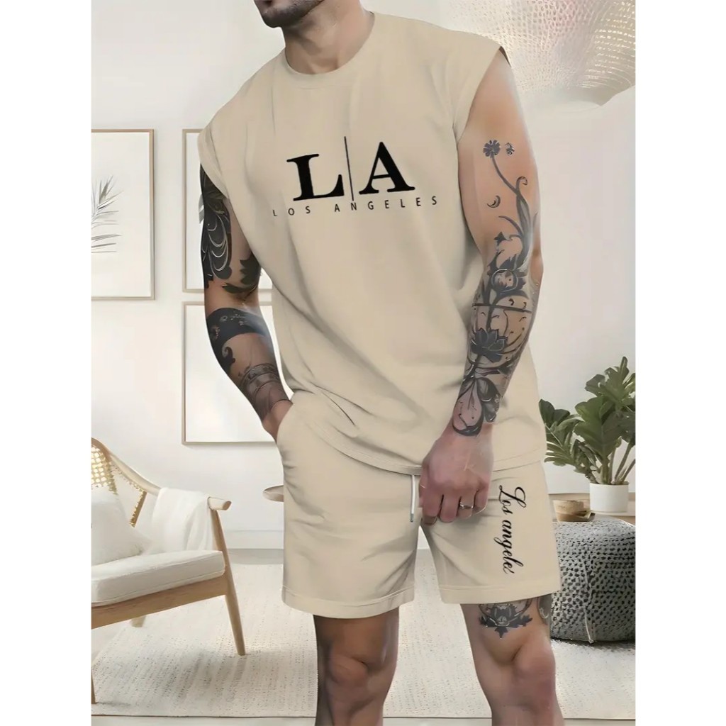 Conjunto Regata Machão Oversized Camiseta Masculina Bermuda Moletom Bolso Algodão Esporte Casual