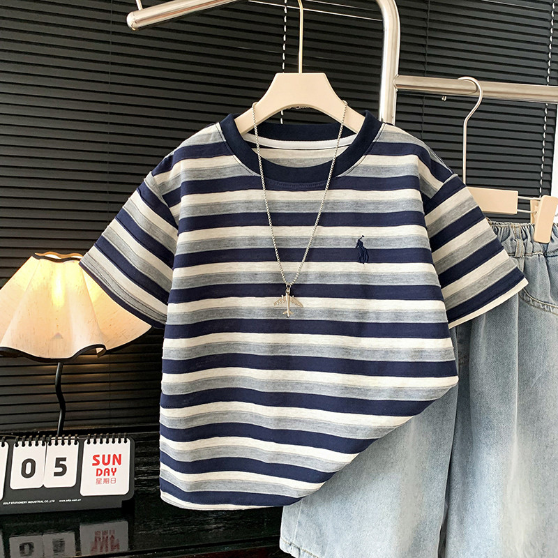 Roupas infantis meninos roupas de verão camiseta 2025 novo estilo crianças verão fino listrado algodão de manga curta me