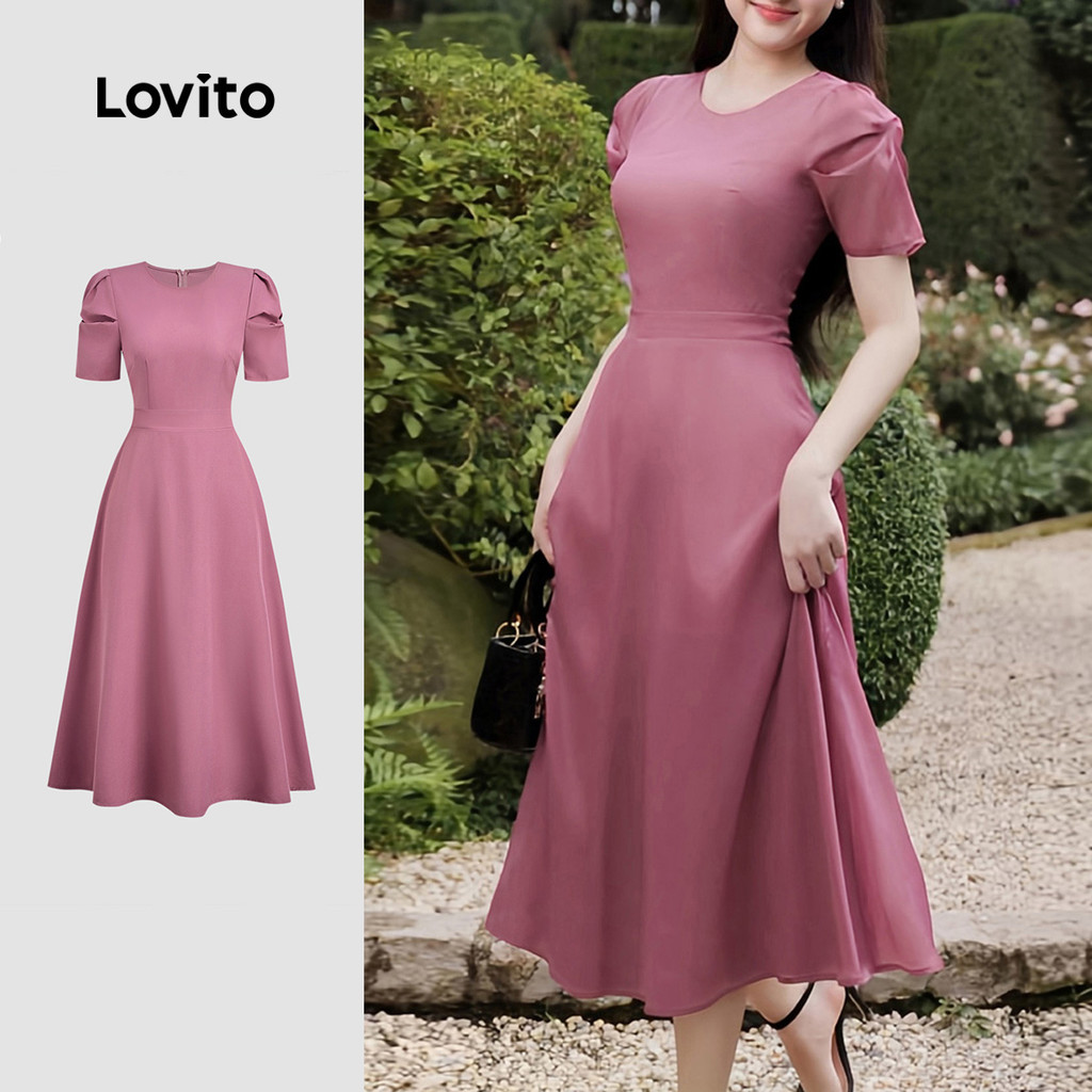 Lovito Vestido Casual Plissado de Primavera/verão Cinza e Rosa para mulheres L158ED469