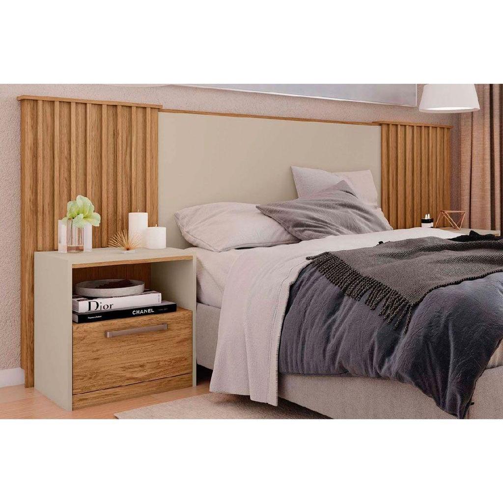 Cabeceira Cama Box Estofada Extensível Casal/Queen/King Lucius 2 Mesas c/ 1 Gaveta Freijo/Off White - Caemmun em Oferta na Shopee