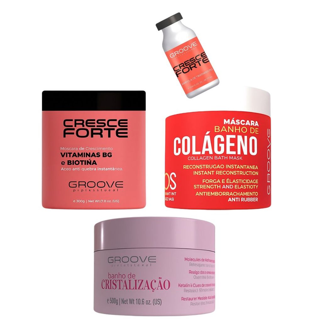 Kit 3 Máscaras Groove | Cresce Forte 500g + Banho de Colágeno 500g + Cristalização 300g + BRINDE