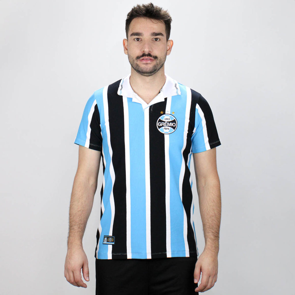 Camiseta de Time RetrôMania Grêmio 1995 Retrô Listrada Azul e Preto - Masculino