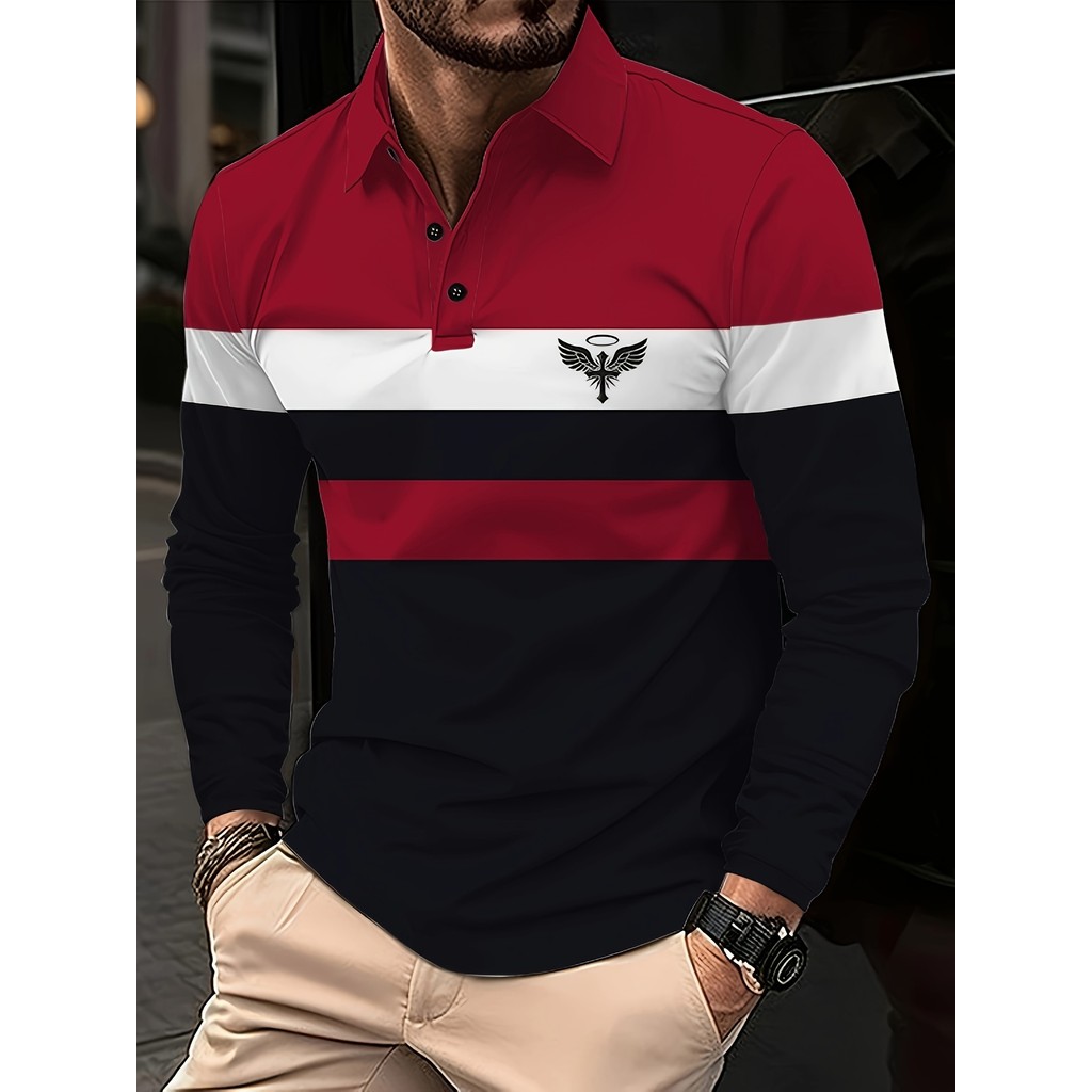 Camisa Polo Masculina Moda Conforto Manga Longa | Tecido De Malha 100 % Poliéster Design De Logotipo Listrado Casual