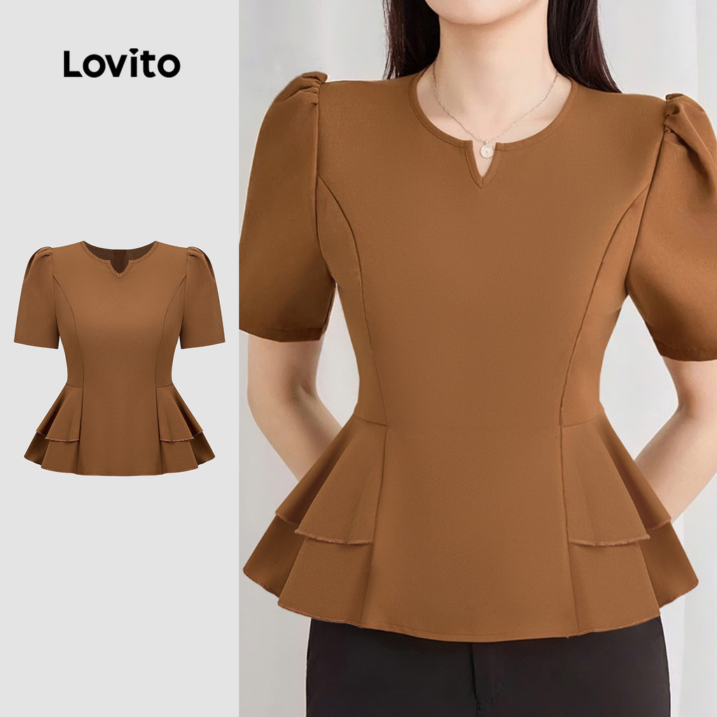 Lovito Blusa Elegante Simples Versátil Babados Na Barra E Camada Dupla Primavera/verão Marrom para Mulheres L157ED218 em Oferta na Shopee