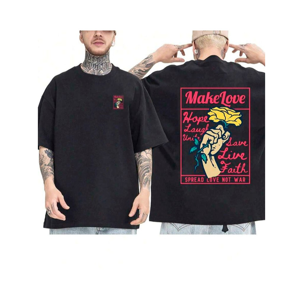 Camiseta OVERSIZED Preta StreetWear Gola em Ribanna Alta Plus Size Modelo: "MAKE LOVE"