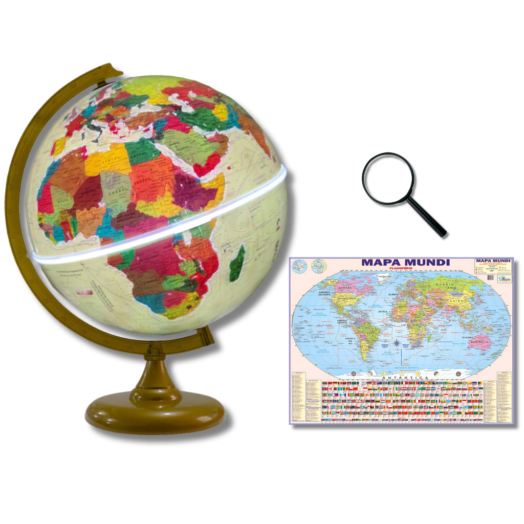 Globo Terrestre Histórico Com Luz Ouro Velho 30cm + Mapa Mundi + Lupa de Mão