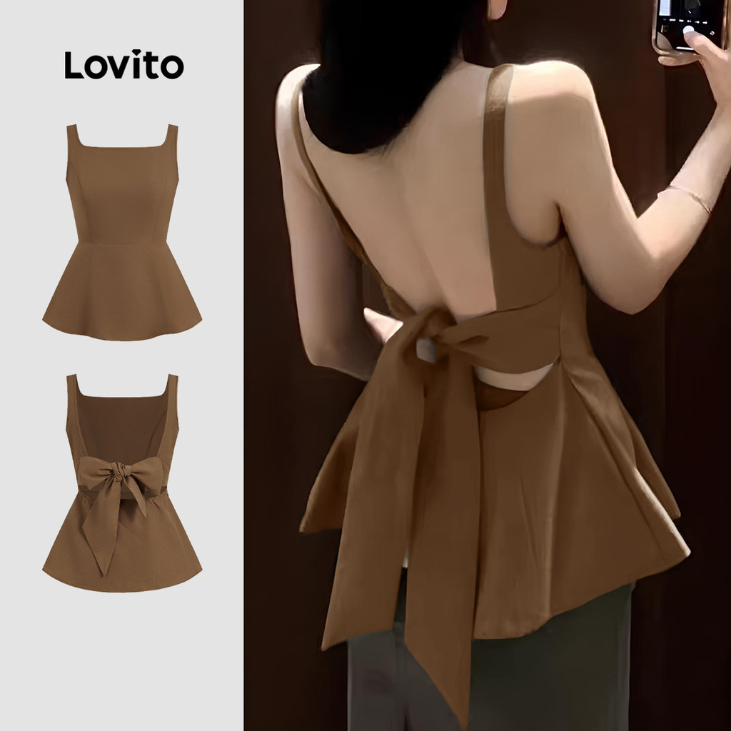 Lovito Blusa Elegante com Laço Nas Costas  Sem Costas  Primavera/verão  Marrom  para Mulheres L142LD443