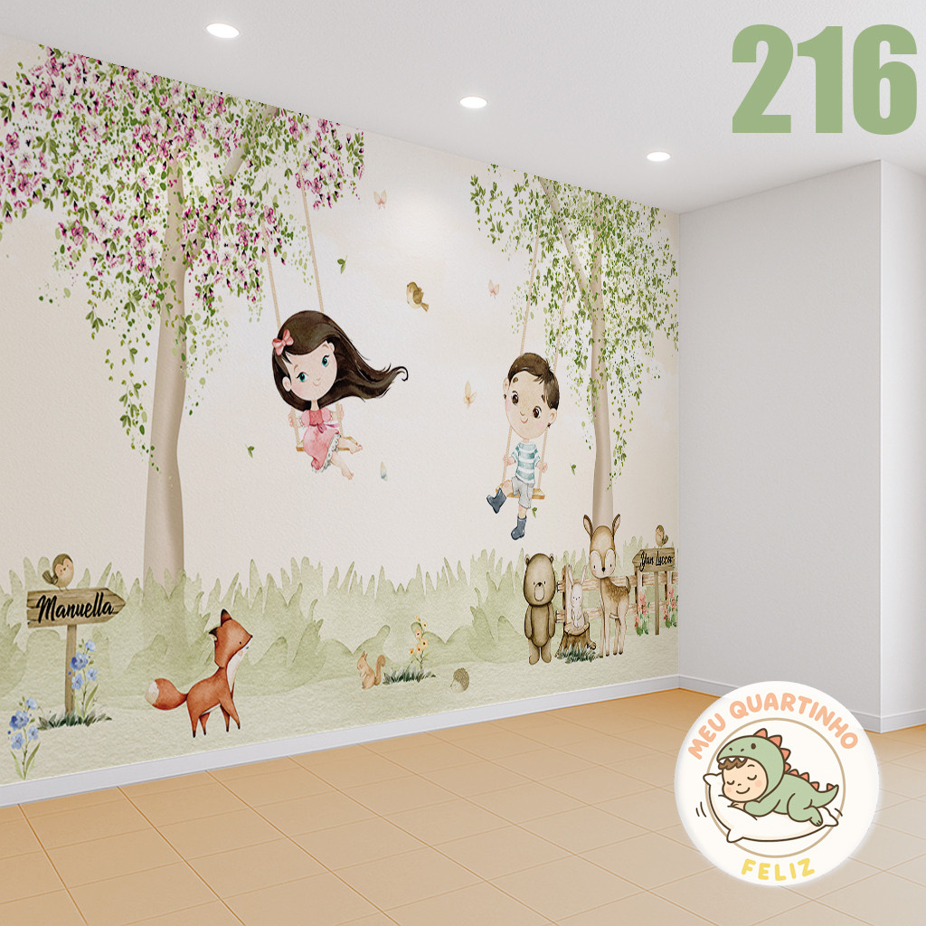 Papel de Parede  para quarto de Irmãos Menina e Menino Gêmeos Personalizado M²  + Nomes Árvores