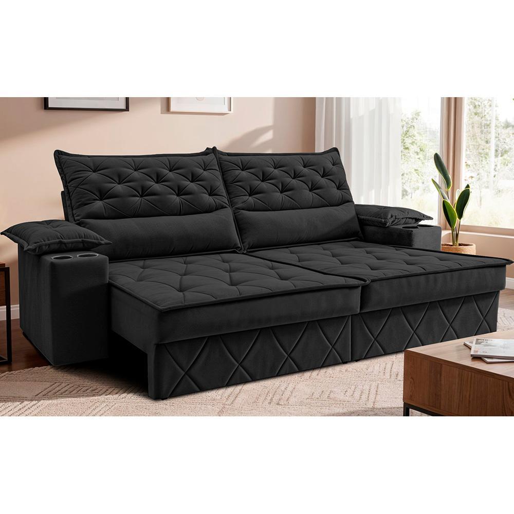 Sofá Retrátil e Reclinável 2,10m com Porta Copos e Molas Cosmos Velusoft Preto Cama inBox em Oferta na Shopee