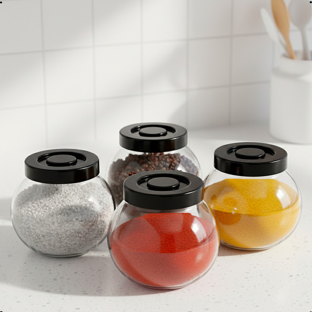 Conjunto Kit 4 Potes Vidro com Tampa Preto Baleirinho 300ml Baleiro Médio Vidro com Tampa