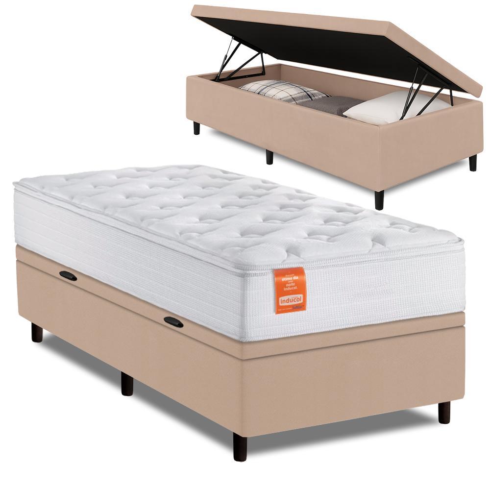 Cama Box Baú Colchão Solteiro Molas Ensacadas Real 88x188x68cm Branco / Bege Inducol - Suporta até 130kg por Pessoa