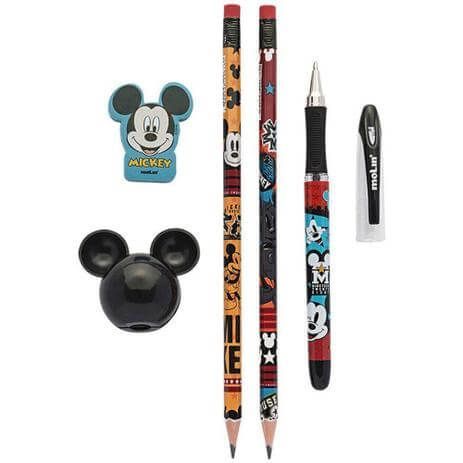 Kit Escolar Mickey 5 Peças Caneta + 2 Lápis com Borracha na Ponta + Apontador + Borracha