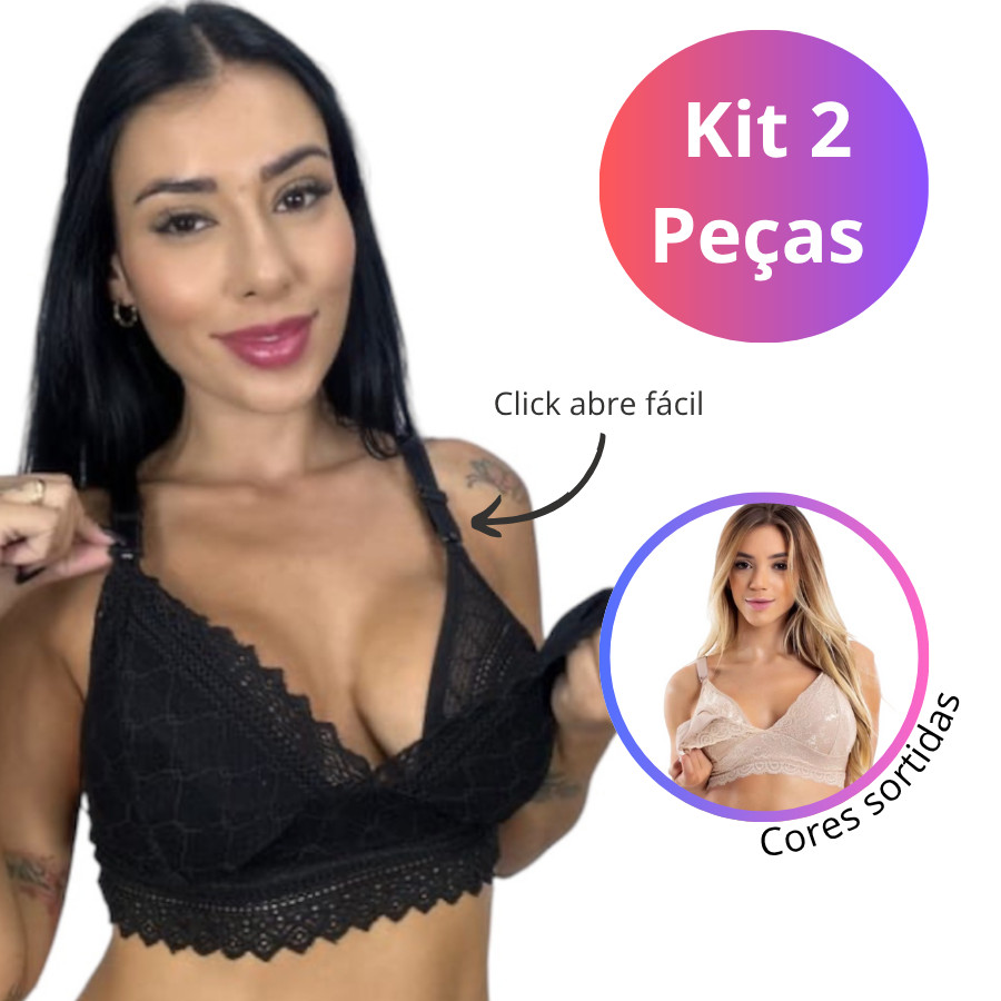 Kit 2 Sutiã de Amamentação Reforçado em Renda com Click abre fácil Ref:3002 em Oferta na Shopee