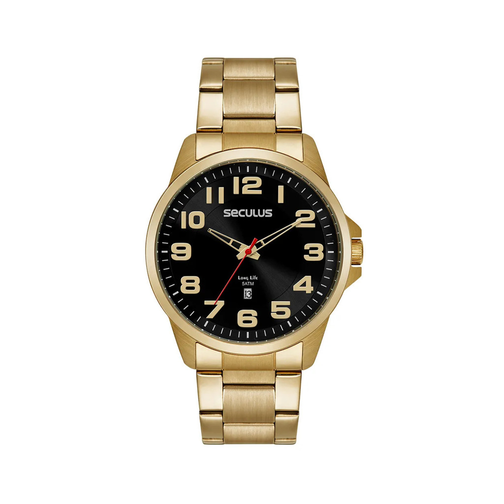 Relógio Seculus Masculino Aço Calendário Dourado Long Life