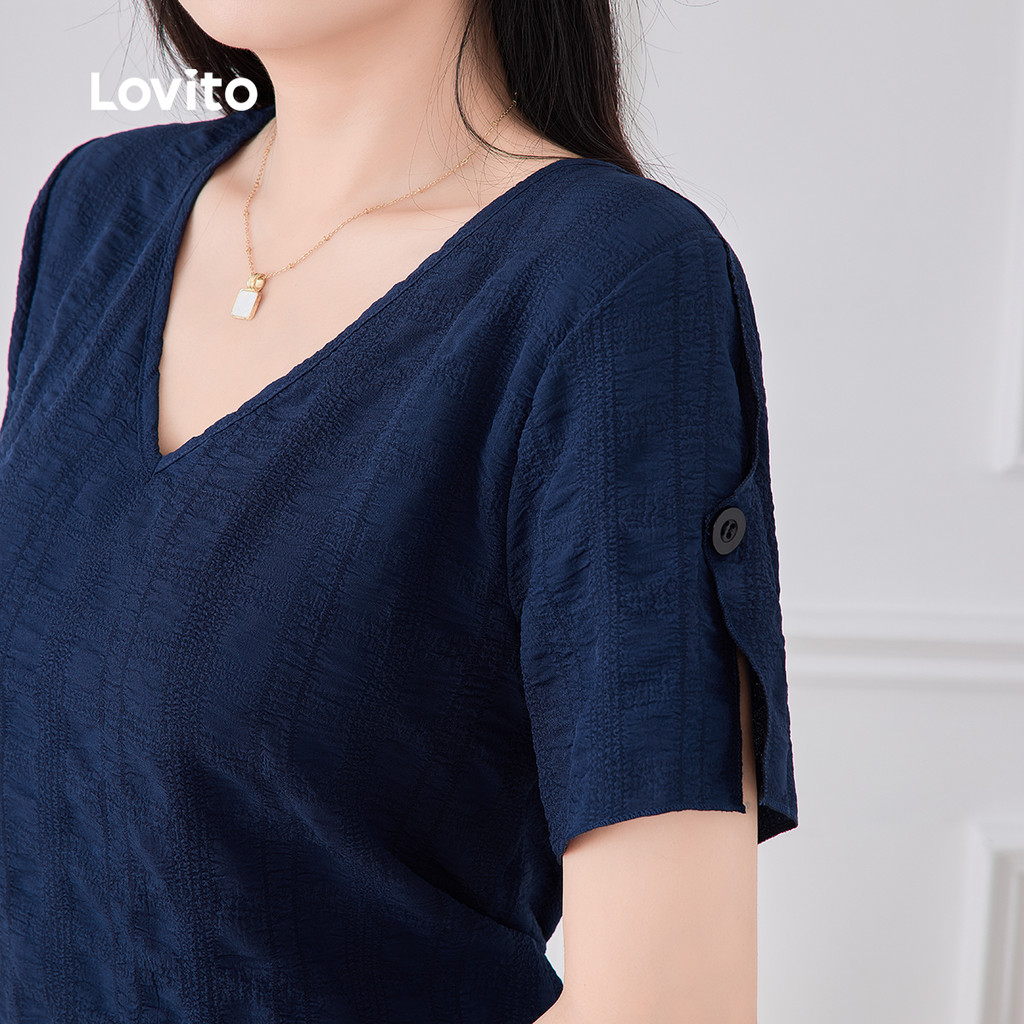 Lovito Blusa Casual com Abertura Primavera/verão Blusa Azul-marinho para mulheres L157ED016 em Oferta na Shopee
