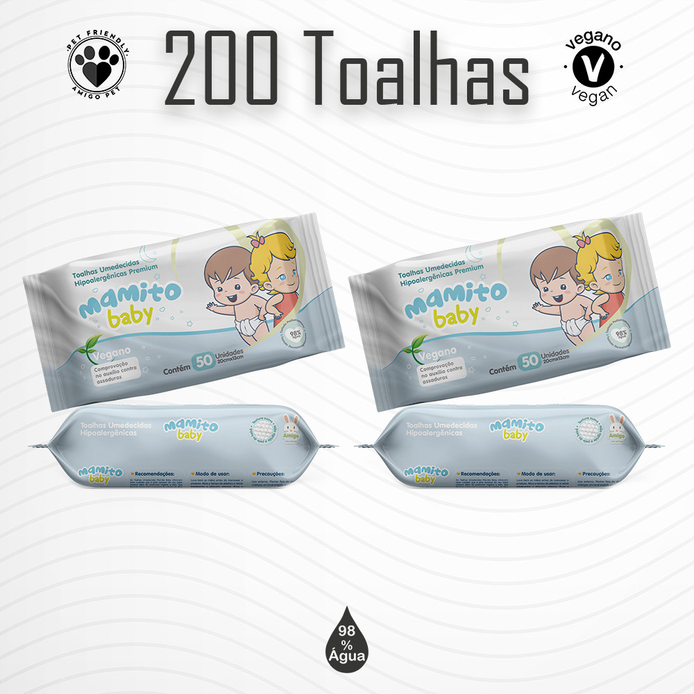 Kit 4 Pacotes Toalhas Umedecidas MAMITO BABY 50 folhas Lenço Umedecido
