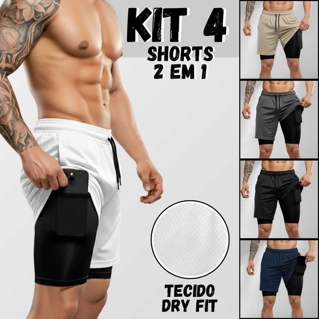 Kit 4 Shorts 2 Em 1 Masculino Duplo Bermuda Academia Dry Fit Bolso Interno Para Academia