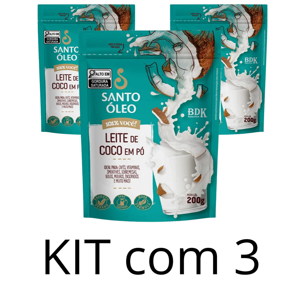 Kit com 3 Leite de Coco em Pó Zero Lactose s/ Químicos 200g- Santo Óleo em Oferta na Shopee