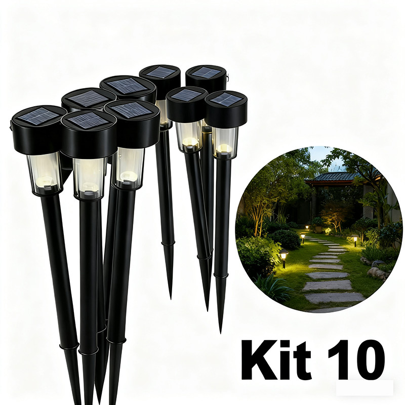 kit 10 luz Solar Balizador Chão Prata Decoração Jardim Quintal cor de luz branco quente frio