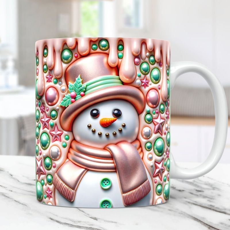 Caneca personalizada arte 3D realista boneco de neve natal caneca de porcelana branca sublimação