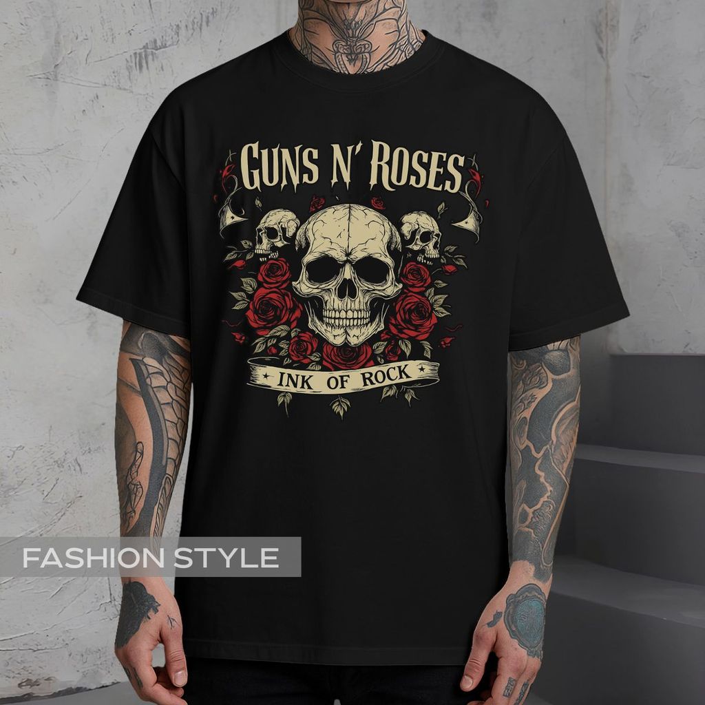 Camiseta Guns N' Roses Banda Ink Of Rock November Rain Show Monsters Of Rock Algodão  Camisa Unissex Plus Size Preta