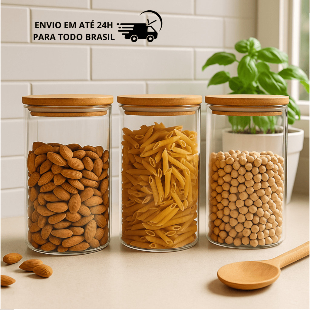 Kit 3 Potes de Vidro 800ml Tampa de Bambu Hermetico Premium Redondo Mantimentos Tempero Al...