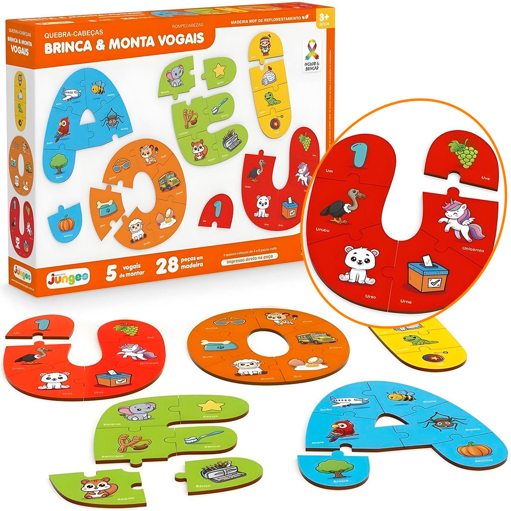 Quebra Cabeça 28 Peças Puzzle Vogais Educativo Infantil Madeira Alfabeto Crianças Jogo Letras