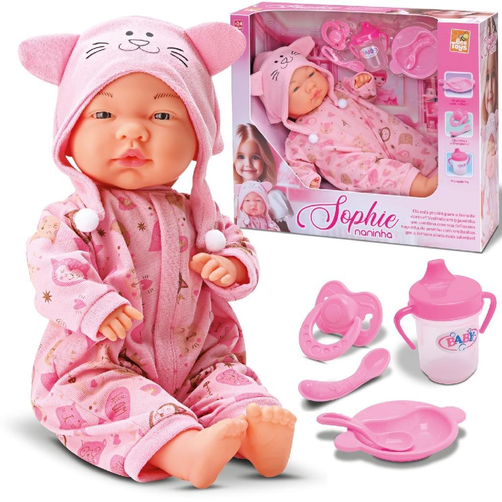 Boneca Sophie Naninha com Chupeta Mamadeira Colher e Pratinho