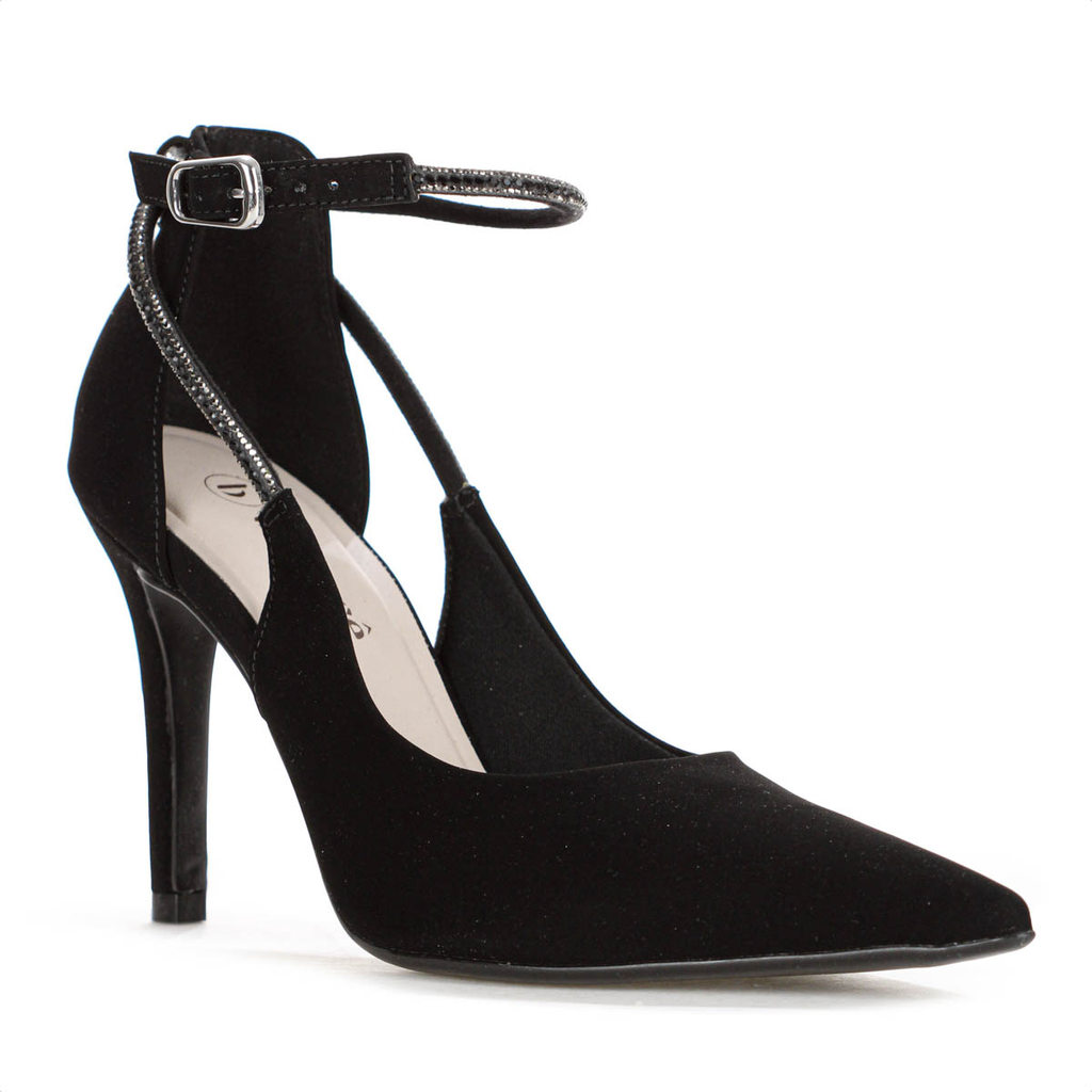 Scarpin Bebecê Nobuck Fivela Strass Salto Alto Fino Preto - Feminino