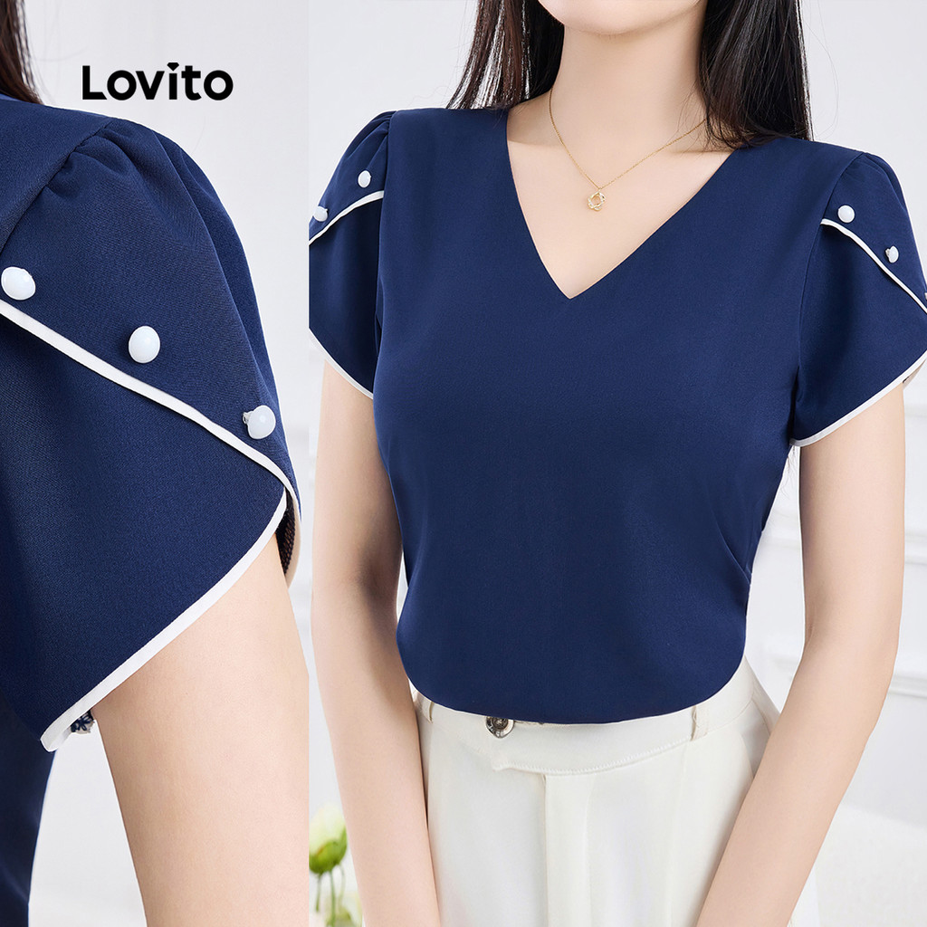 Lovito Blusa Casual com Laços Contrastantes Primavera/verão Blusa Azul-marinho para Mulheres L155AD324 em Oferta na Shopee