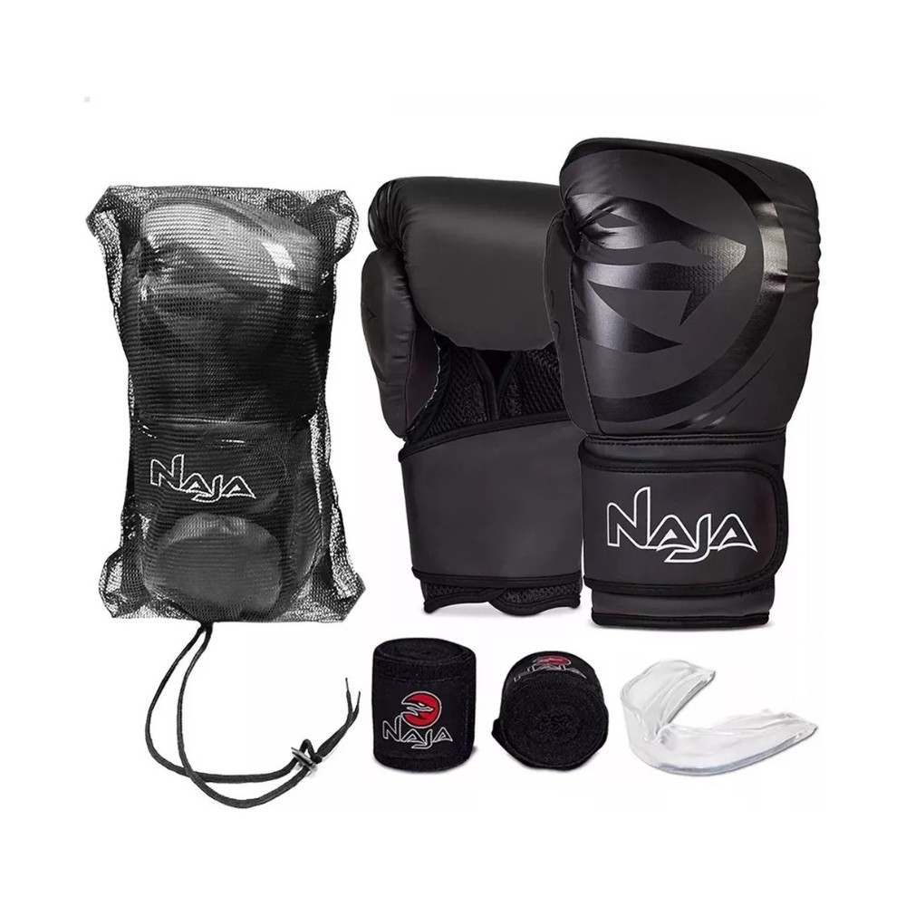 Kit Luva Naja de Muay Thai e Boxe + Bandagem + Protetor Bucal + Bolsa, Preto/Preto, 14 OZ em Oferta na Shopee
