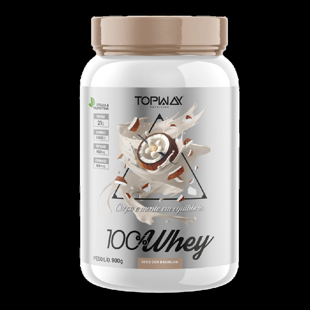 Suplemento whey protein 100% concentrado sabor coco com baunilha pote 900g topway com vitamina D e B12
