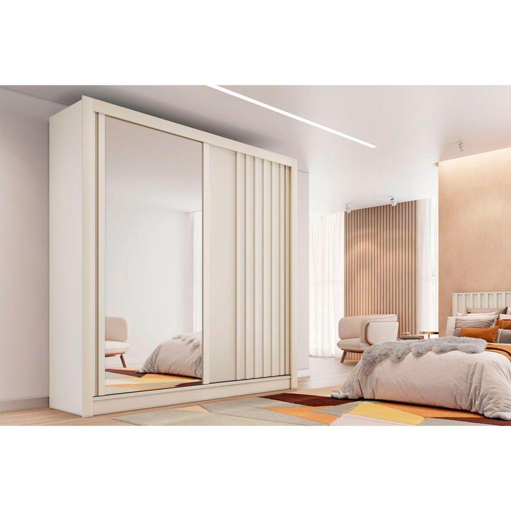 Guarda Roupa Solteiro 2 Portas de Correr (1 Ripada e 1 c/ Espelho) e 4 Gavetas Lugano Off White - Europa em Oferta na Shopee