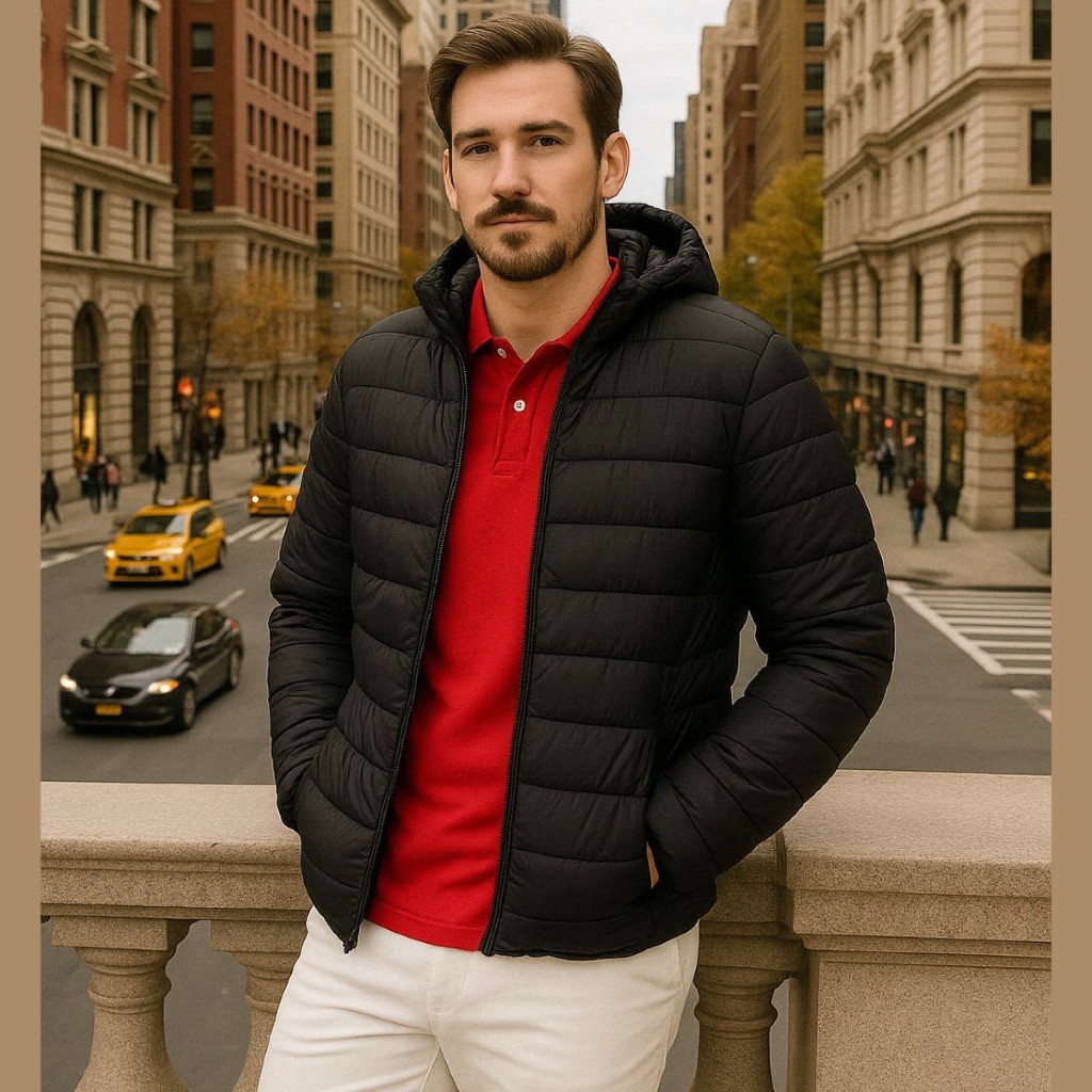 jaqueta masculina bobojaco puffer capuz corta-vendo poliester importada