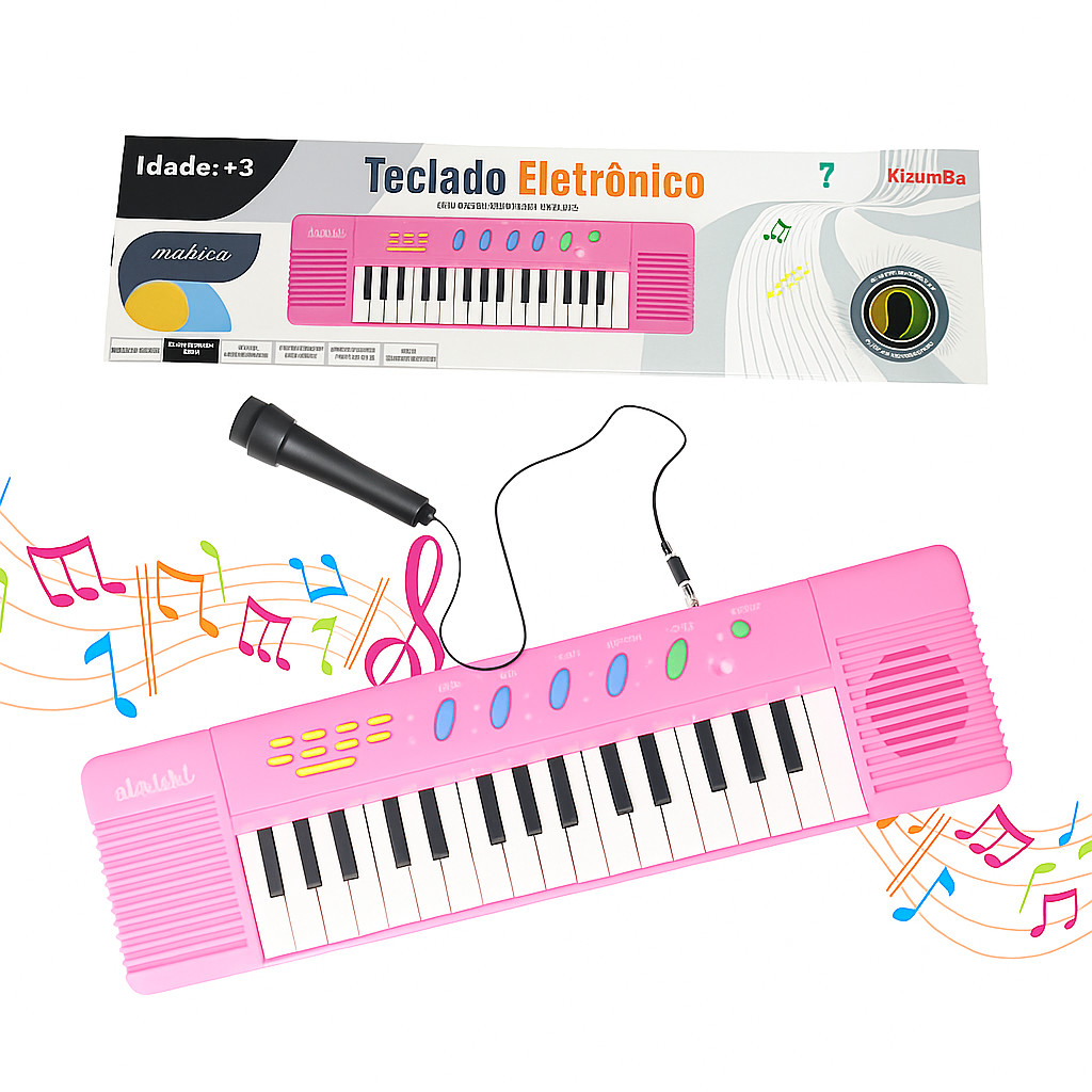 Teclado Infantil 32 Teclas Com Microfone Karaokê Brinquedo Crianças Musical Educativo Rosa Kizumba