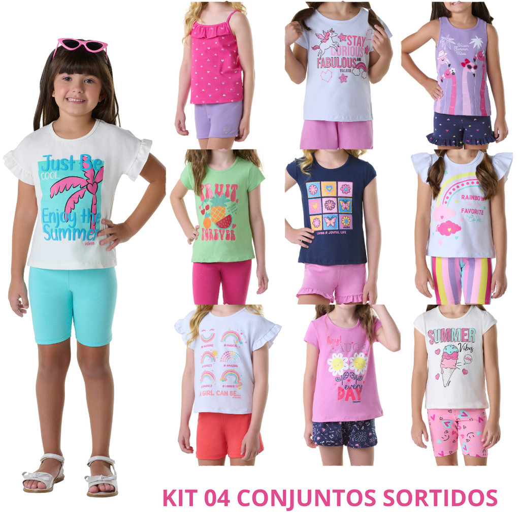 Kit Sortido 8 Peças de Roupas Infantis Feminino Verão  ( 4 blusas + 4 shorts) Kit com 4 conjuntos