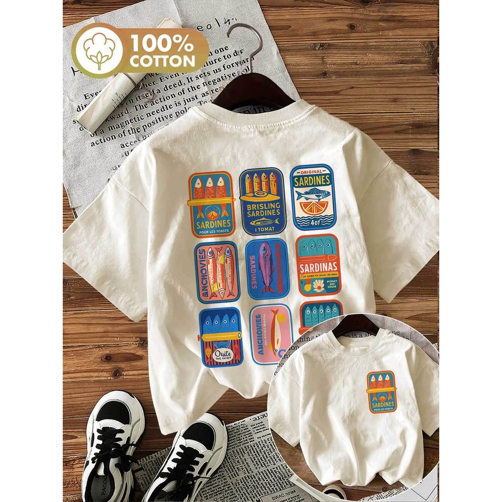 Camiseta Feminina T-shirt Vintage Sardinha – Blusa Estampada Conserva Casual Gola Redonda Verão