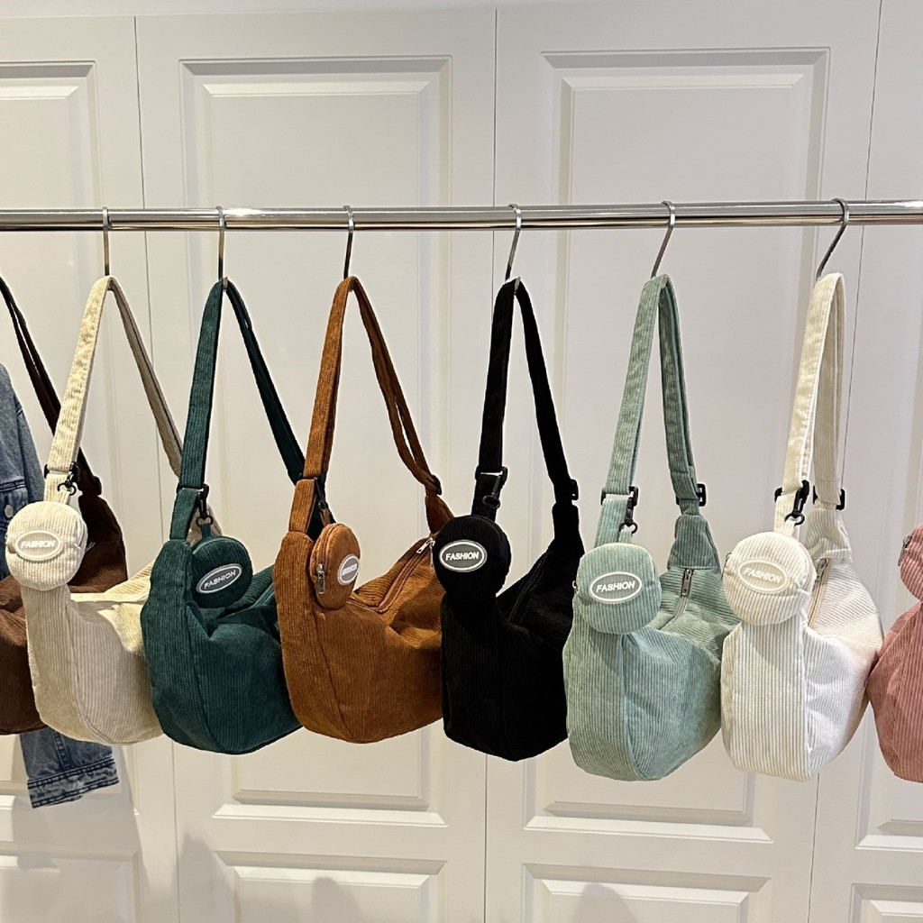 Bolsa transversal de veludo cotelê, grande capacidade, vários bolsos, leve, fecho de zíper em Oferta na Shopee