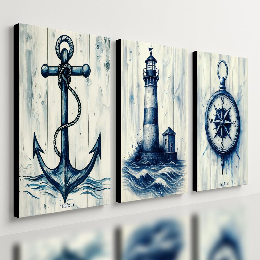 Kit 3 Quadro Decorativo Marítimo Veleiro Barco Ancora Farol Qualidade Premium Luxo