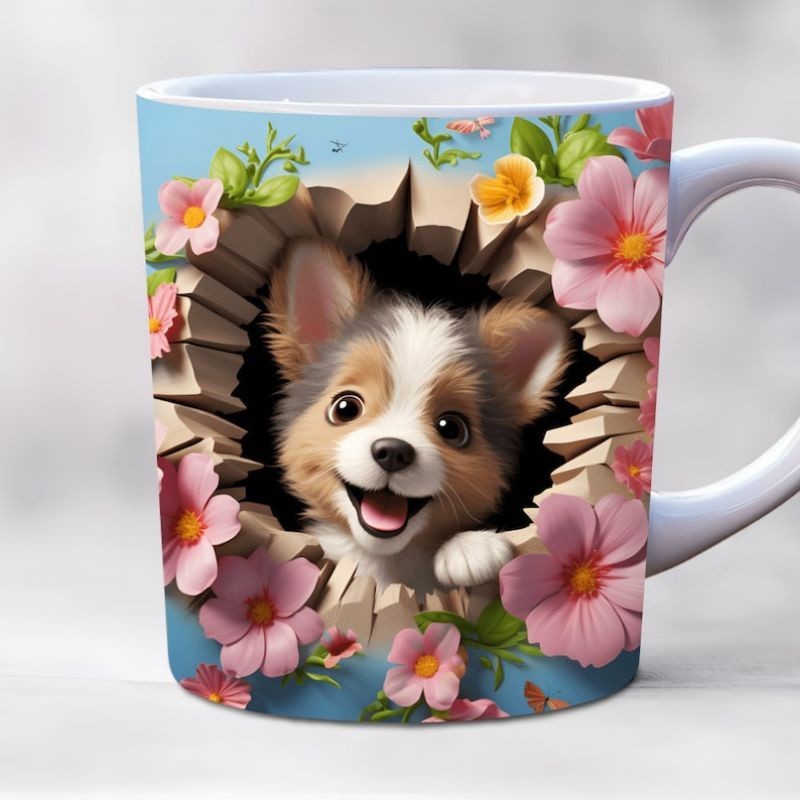Caneca personalizada arte 3D dog cachorro caneca de porcelana 325 ml sublimação
