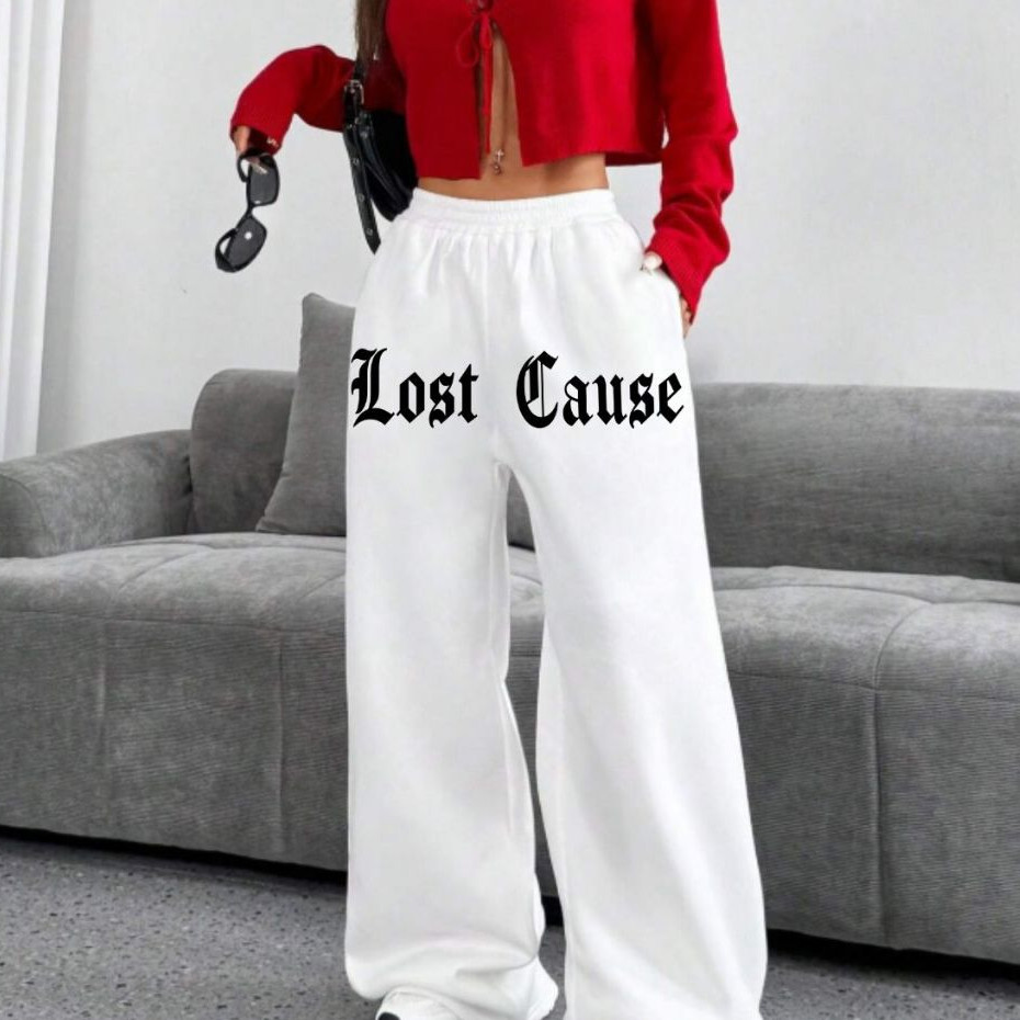 Calça Moletom Baggy WIde Leg Lost Cause Streetwear Grafiti Despojado Casual Forrado Casual Inverno